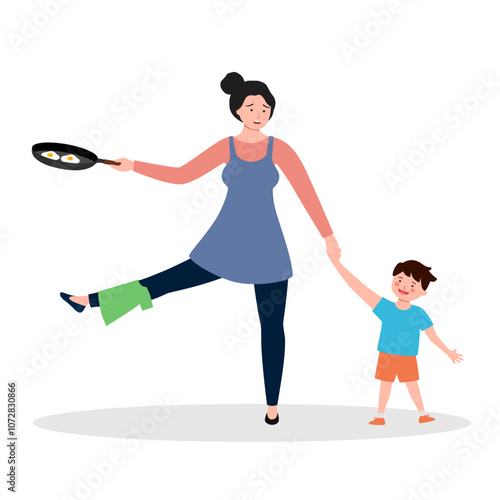 Busy mom cooking food, taking care of children and cleaning house.