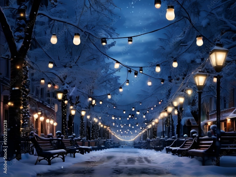 Obraz premium A Serene Winter Wonderland: Snow-Covered City Street with Ornate Architecture, Warm Streetlights, and a Majestic Tree Adorned with White Lights.