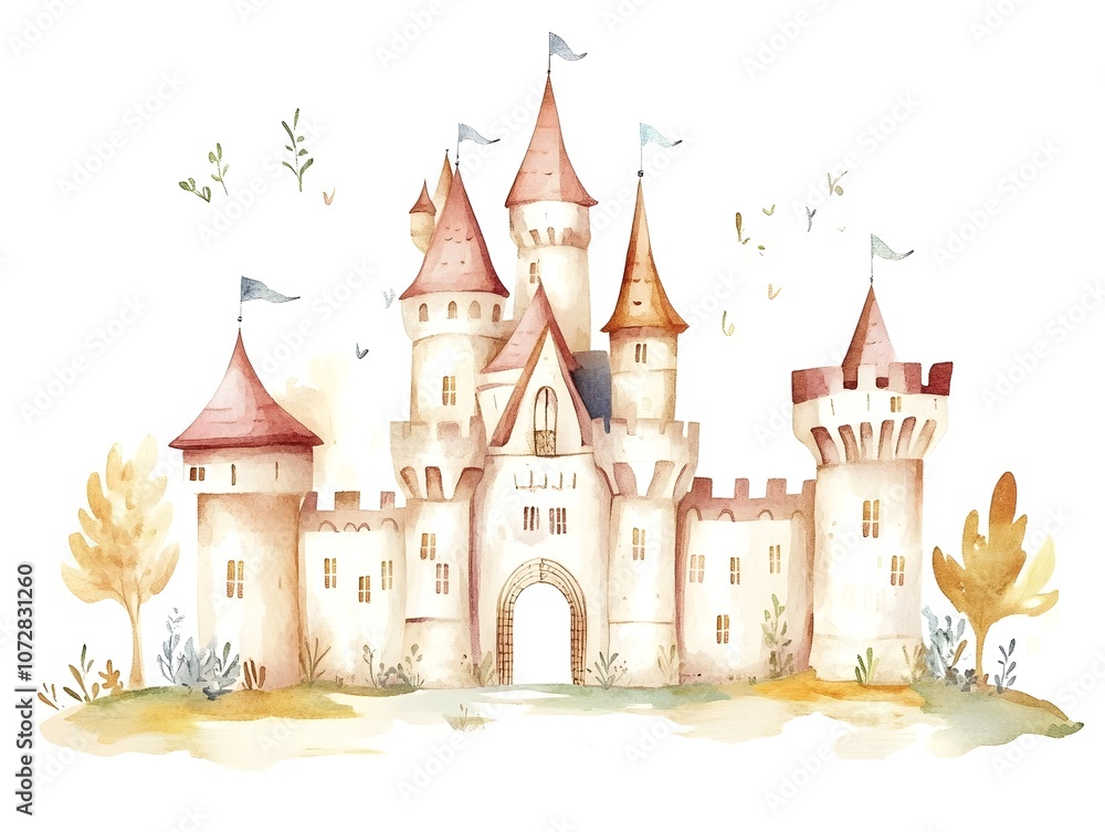A watercolor illustration of a fairy castle on a white background A watercolor illustration of a fairy castle on a white background