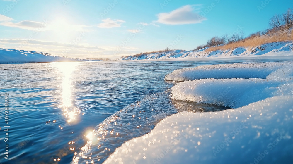 Obraz premium serene winter river scene with sparkling water and snow covered banks