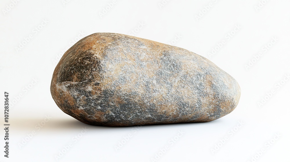 A single, smooth, gray and brown stone sits on a white background. A single, smooth, gray and brown stone sits on a white background.