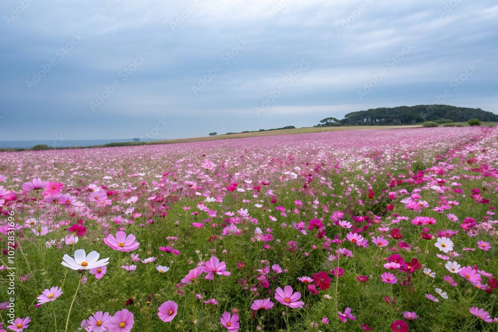 Endless fields of vibrant cosmos flowers in shades of pink purple and white stretching towards the blue sky, , meadow landscape, garden scene Endless fields of vibrant cosmos flowers in shades of pink purple and white stretching towards the blue sky, , meadow landscape, garden scene