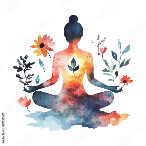 Meditative Woman with Chakra Energy in Watercolor