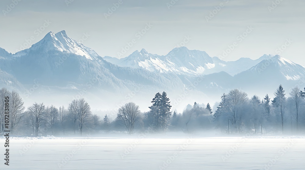Snow-Covered Mountain Range with Hazy Trees and Frozen Lake Snow-Covered Mountain Range with Hazy Trees and Frozen Lake
