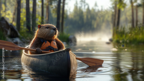 Canada Outdoor Adventure Concept. Beaver Kayaking on a Tranquil Lake with an Oar in a Forest Setting, Wearing a Life Jacket – Image made using Generative AI