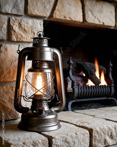 Antique miner s lantern resting on a stone fireplace hearth photo