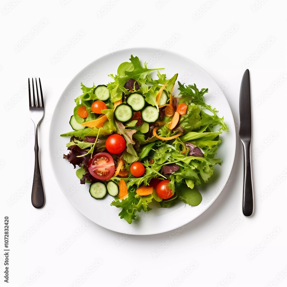 A fresh salad featuring various greens, cherry tomatoes, cucumbers, and carrots on a white plate. A fresh salad featuring various greens, cherry tomatoes, cucumbers, and carrots on a white plate.