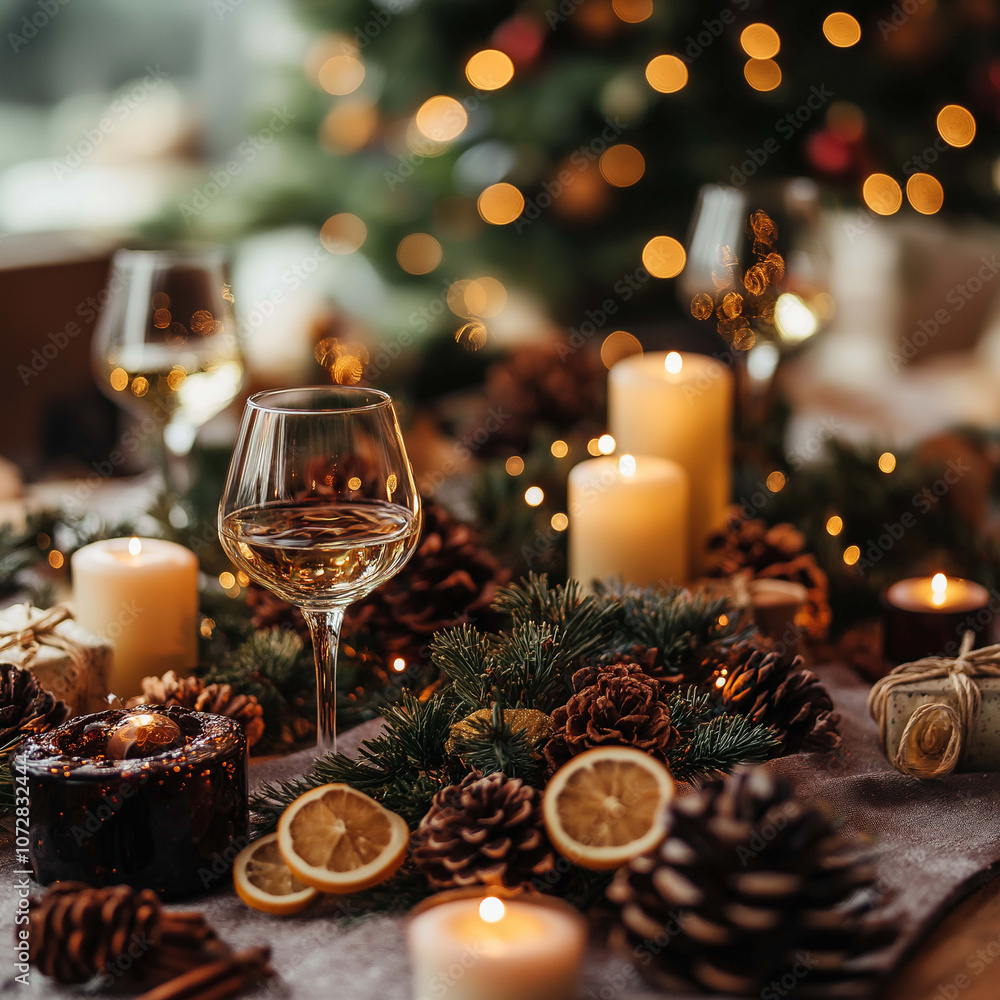 beautifully arranged festive table setting featuring glass of wine, candles, and pinecones, creating warm and inviting atmosphere for holiday season beautifully arranged festive table setting featuring glass of wine, candles, and pinecones, creating warm and inviting atmosphere for holiday season