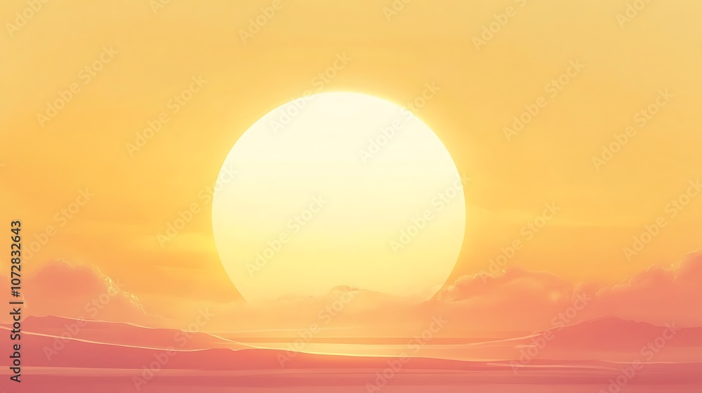 A large sun setting behind rolling hills and a vast horizon A large sun setting behind rolling hills and a vast horizon