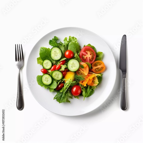 Obraz na płótnie A fresh salad with various vegetables arranged on a plate, emphasizing healthy eating. w salonie