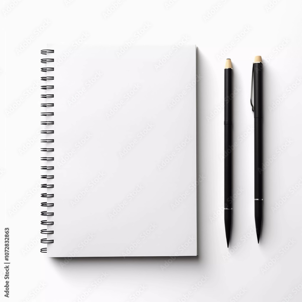 A blank notebook beside two black pens, ready for writing or drawing ideas. A blank notebook beside two black pens, ready for writing or drawing ideas.