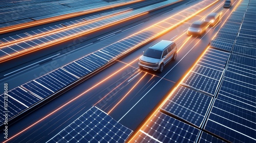 Solar panels integrated into a modern, sleek highway, with electric vehicles passing by. The solar panels capture energy from the sun to power both the road infrastructure and the vehicles photo