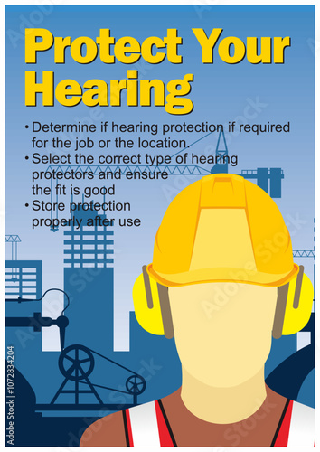 Occupational health and safety poster design on the dangers of noise and the importance use of hearing protection. Awareness for personal protective equipment and gear illustration.