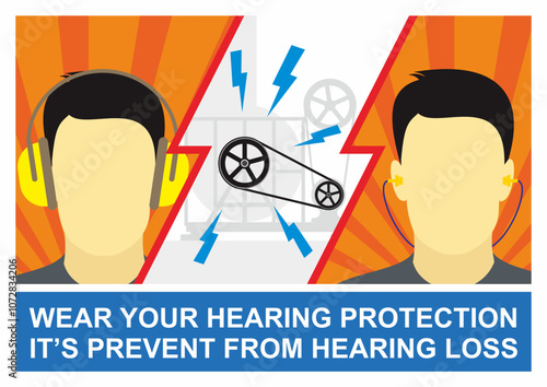 Illustration on the importance of wearing earmuff and earplug. Occupational health and safety poster design on the dangers of noise of a machine.