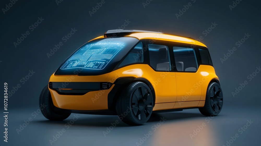 Futuristic Yellow Electric Van with Digital Display Futuristic Yellow Electric Van with Digital Display