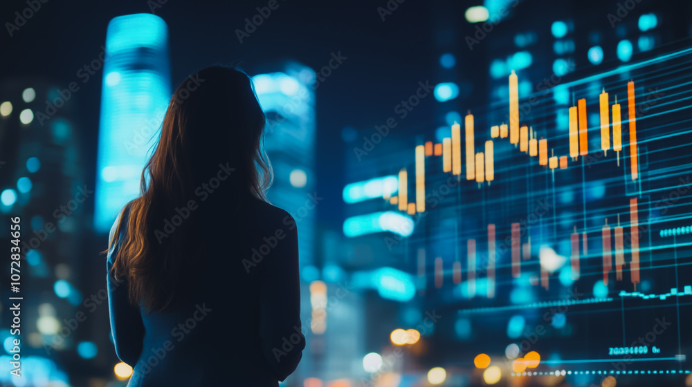 Abstract business woman stands on the peak of success amid tall, innovative Smart city and graphs with statistics to analyze business potential and predict future developments in company growth. Abstract business woman stands on the peak of success amid tall, innovative Smart city and graphs with statistics to analyze business potential and predict future developments in company growth.