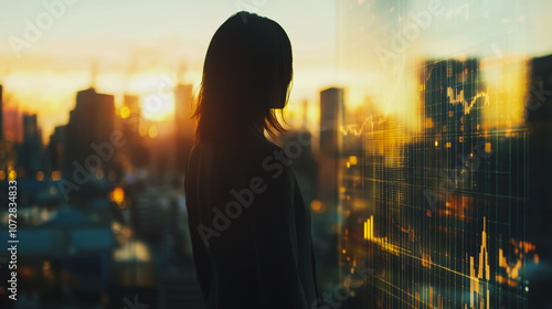 Abstract business woman stands on the peak of success amid tall, innovative Smart city and graphs with statistics to analyze business potential and predict future developments in company growth.