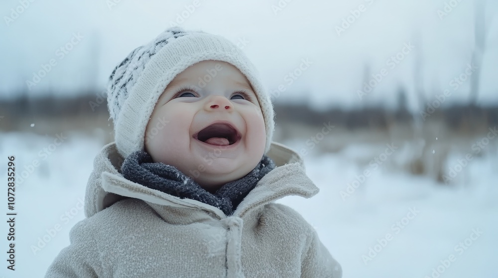 A joyful baby smiles happily in a snowy winter landscape wearing warm clothing. A joyful baby smiles happily in a snowy winter landscape wearing warm clothing.