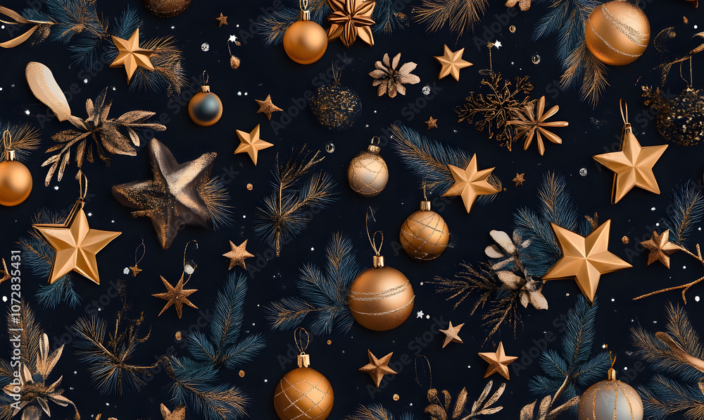 Fototapeta premium Christmas and New Year designs with festive ornaments, golden snowflakes, cozy wreaths, and sparkling holiday accents for wallpaper and greeting cards