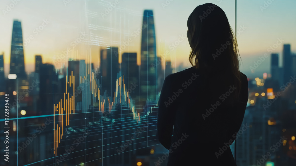 Fototapeta premium Abstract business woman stands on the peak of success amid tall, innovative Smart city and graphs with statistics to analyze business potential and predict future developments in company growth.