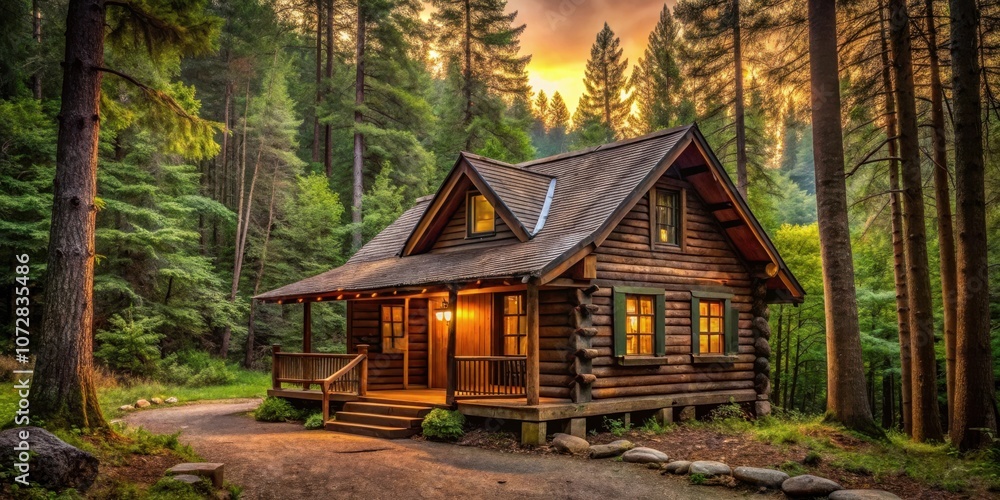 A rustic log cabin nestled amidst a dense forest with a warm glow emanating from its windows, bathed in the golden light of a setting sun. A rustic log cabin nestled amidst a dense forest with a warm glow emanating from its windows, bathed in the golden light of a setting sun.