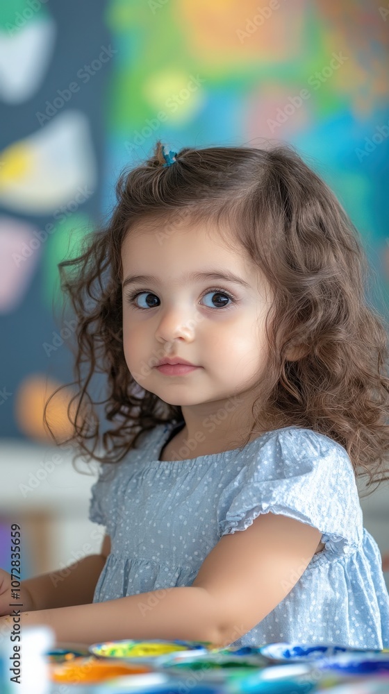 Fototapeta premium A thoughtful child with curly hair gazes into the distance while engaged in art.