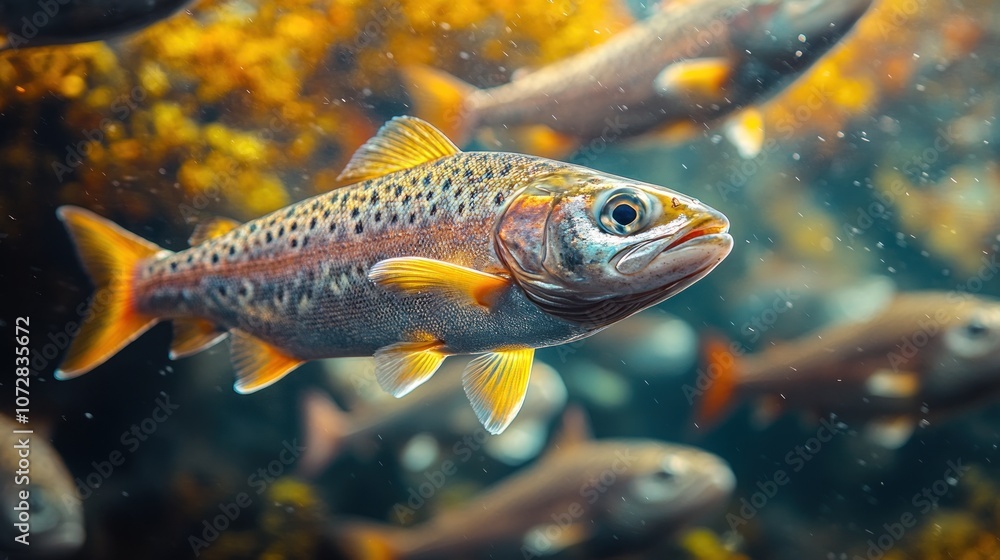 Naklejka premium Underwater scene featuring a vibrant fish among its school.