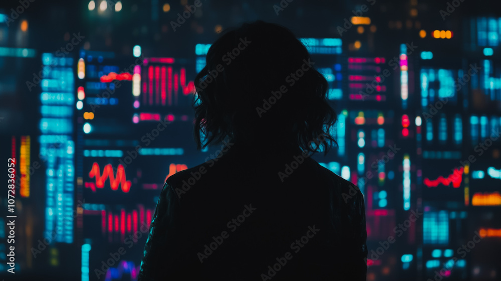 Abstract business woman stands on the peak of success amid tall, innovative Smart city and graphs with statistics to analyze business potential and predict future developments in company growth. Abstract business woman stands on the peak of success amid tall, innovative Smart city and graphs with statistics to analyze business potential and predict future developments in company growth.