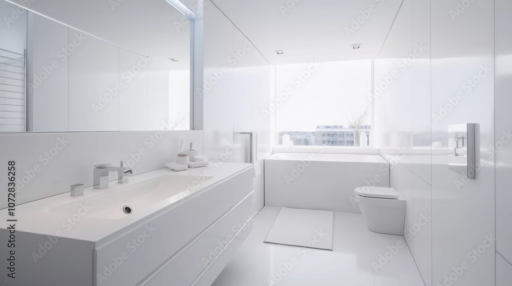 Sleek modern bathroom with a minimalist design and large windows for natural light. Sleek modern bathroom with a minimalist design and large windows for natural light.