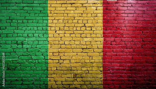 マリの国旗がペイントされたレンガの壁。(Brick wall painted with the Mali flag.) 