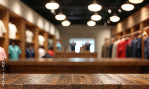 Wallpaper Mural Empty brown wooden table and De focused/blurry background of Sports clothing store with bokeh image luxury and fashionable brand,can be used for montage or display your products Torontodigital.ca
