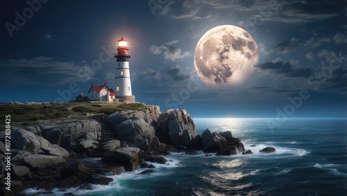 A shining lighthouse stands tall on a rocky outcrop, with a beautiful moon throwing a soothing glow on the tranquil waters beneath.