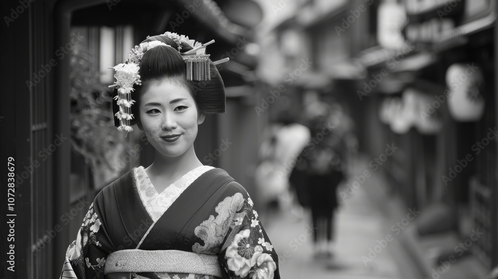 Traditional Geisha in Intricate Gion District Kimono Traditional Geisha in Intricate Gion District Kimono