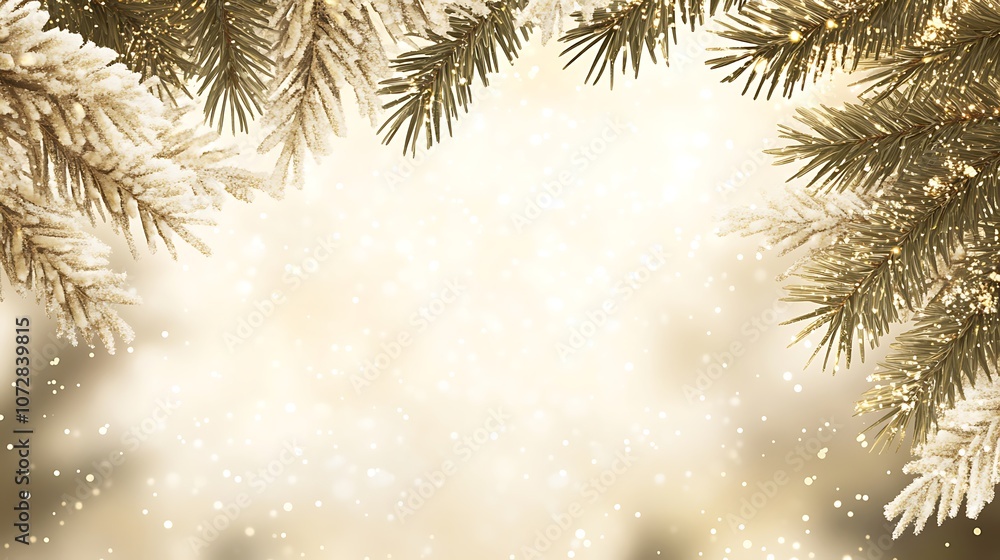Snowy Pine Branches with Golden Bokeh Background Snowy Pine Branches with Golden Bokeh Background