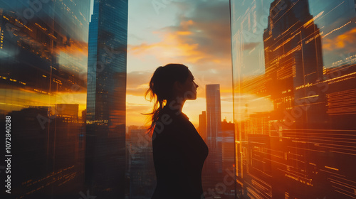 Abstract business woman stands on the peak of success amid tall, innovative Smart city and graphs with statistics to analyze business potential and predict future developments in company growth.