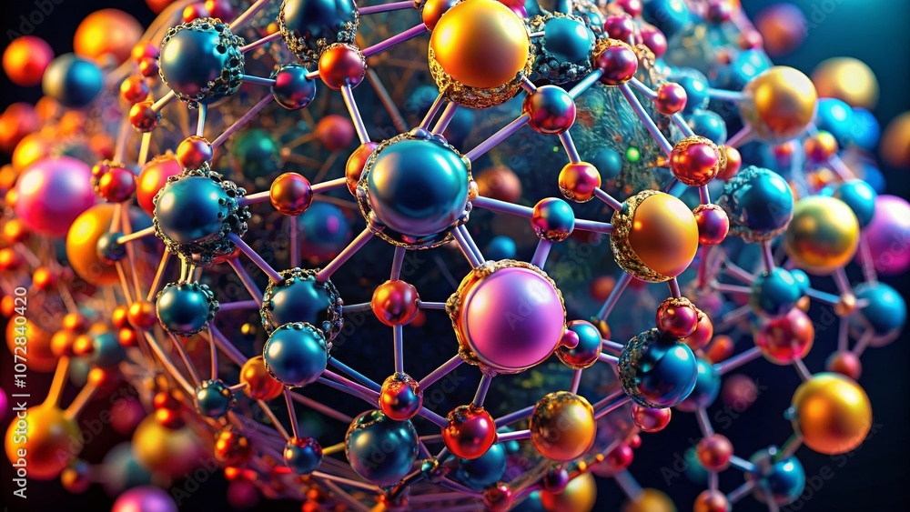 Stunning 3D Molecular Sphere on Dark Background Showcasing Intricate Details and Vibrant Colors in Macro Photography for Scientific and Educational Use Stunning 3D Molecular Sphere on Dark Background Showcasing Intricate Details and Vibrant Colors in Macro Photography for Scientific and Educational Use
