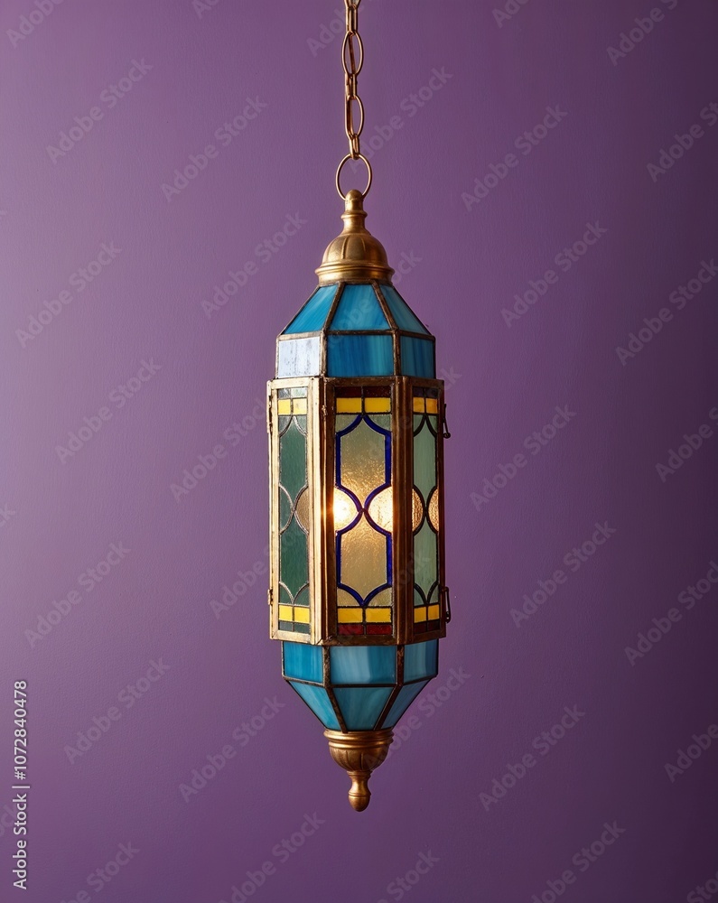 Moroccan stained glass lantern with gold frame on plain dark purple background Moroccan stained glass lantern with gold frame on plain dark purple background