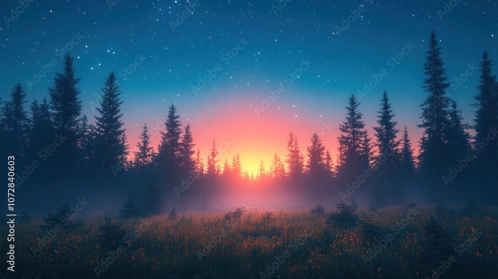 Serene sunset over a misty forest landscape with starry sky. Serene sunset over a misty forest landscape with starry sky.