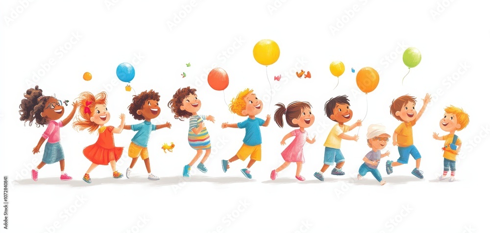 A diverse group of joyful children celebrating with colorful balloons in a cheerful setting. A diverse group of joyful children celebrating with colorful balloons in a cheerful setting.