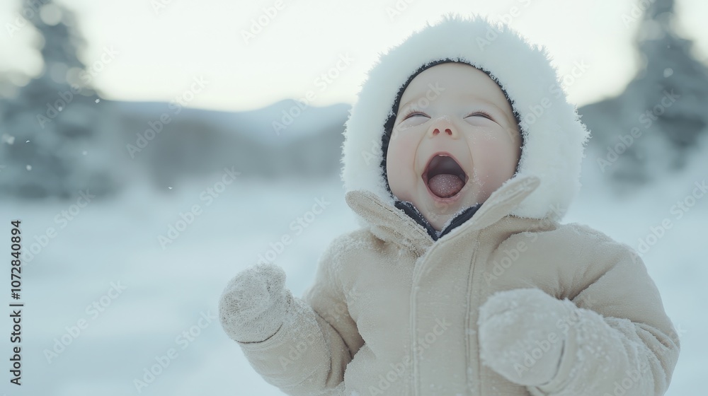 Obraz premium A joyful baby enjoying a snowy day in a cozy winter coat.