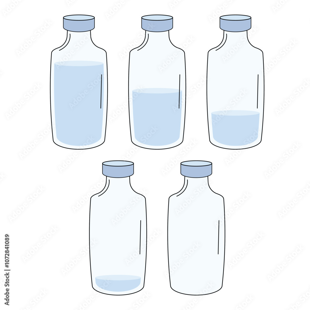 Vector illustration of plastic bottles with different water levels. Infographics. A set of infographics on water. Vector illustration of plastic bottles with different water levels. Infographics. A set of infographics on water.