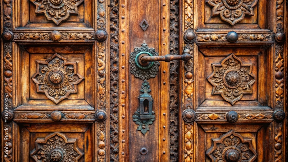 Intricate Carvings and a Tarnished Metal Handle Adorn an Aged Wooden Door Intricate Carvings and a Tarnished Metal Handle Adorn an Aged Wooden Door
