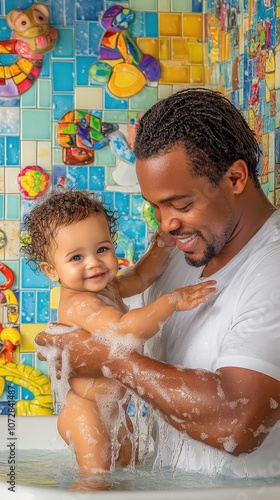 Joyful father bathing his smiling baby in a colorful bathroom environment. photo