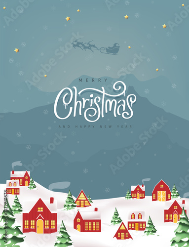 Merry Christmas and happy new year greeting card banner background with night scene winter christmas landscape snow falling and santa claus delivery gift at red village in forest among mountains