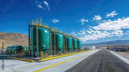 Industrial storage tanks under a clear blue sky in a modern facility photo