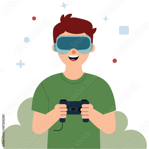 boy is wearing virtual reality headset and holding game.eps