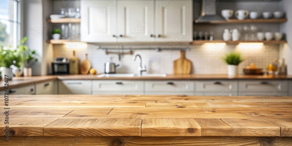 Close-up of a rustic wooden kitchen counter with a blurry background of a modern kitchen Close-up of a rustic wooden kitchen counter with a blurry background of a modern kitchen