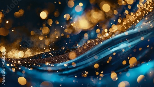 background of abstract glitter lights. blue, gold and black. de focused. banner