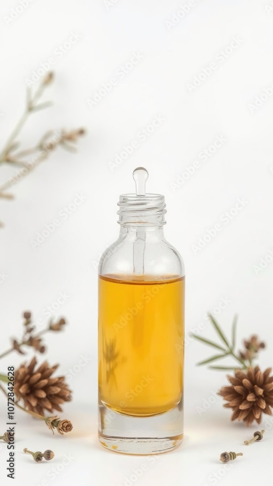 Glass bottle with dropper filled with essential oil on white background, health, container Glass bottle with dropper filled with essential oil on white background, health, container