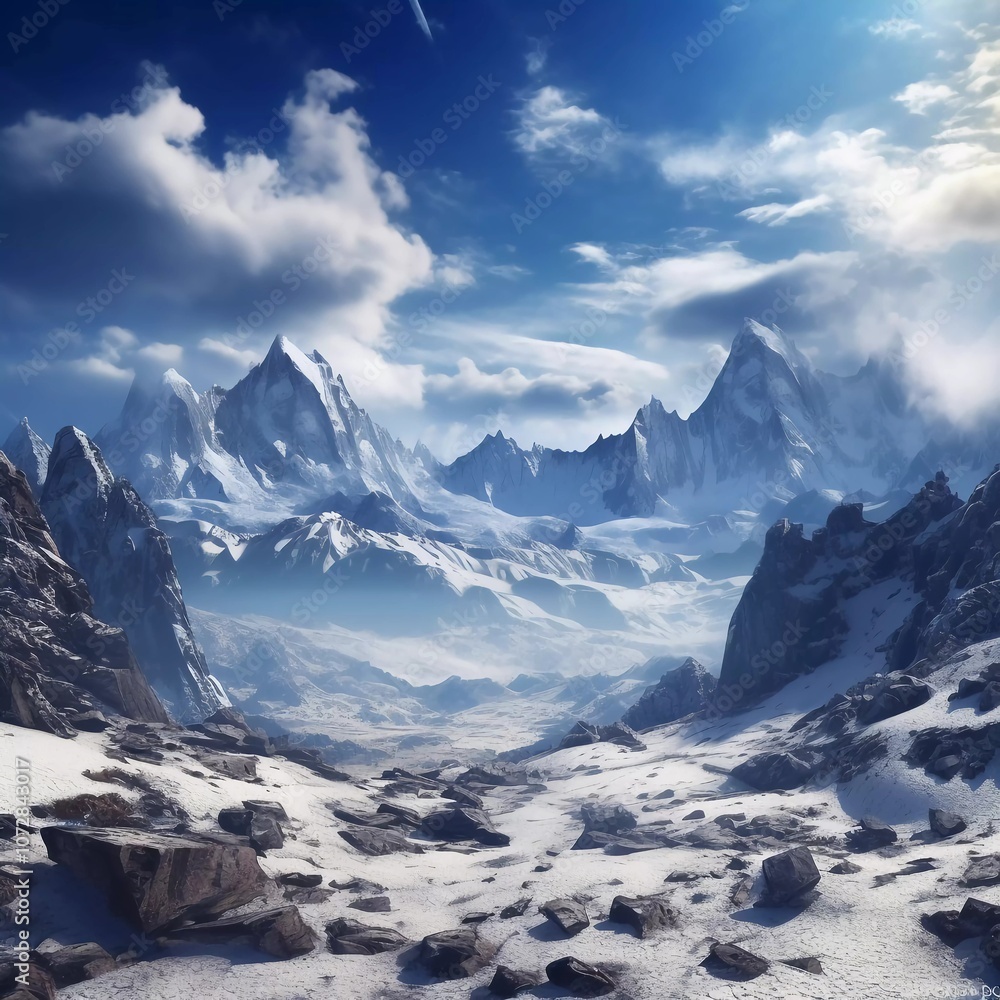 A breathtaking snowy mountain landscape under a vibrant blue sky with dramatic clouds. A breathtaking snowy mountain landscape under a vibrant blue sky with dramatic clouds.